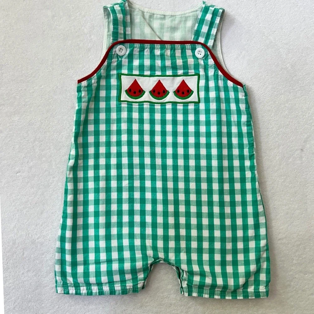 Honey Bean Shortall Green Gingham Watermelon Applique Romper 18M